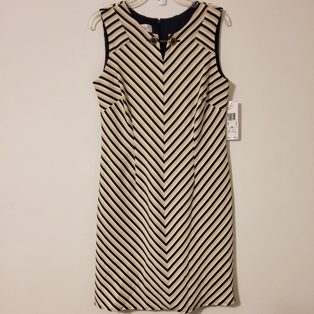 Kasper Dress Stretch Ivory/Navy Sleeveless Sheath Notched Neckline Size 10
